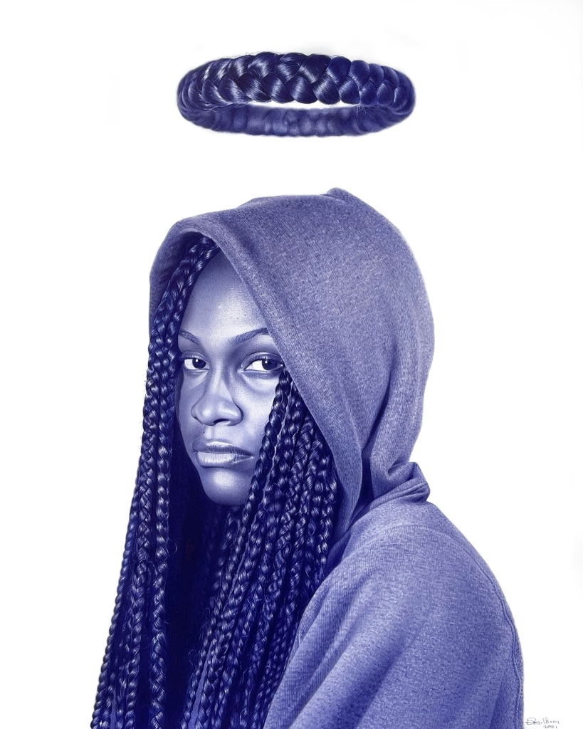 Oscar Ukonu - Girl with braid biro pen drawing portrait